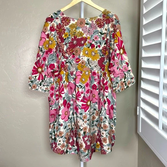 NATURAL LIFE Stella Babydoll Mini Dress Large NWT Pink Floral Boho - Picture 7 of 10